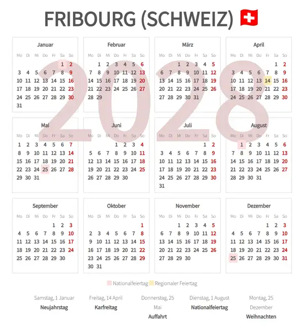 Arbeitskalender 2028, Fribourg (Schweiz)