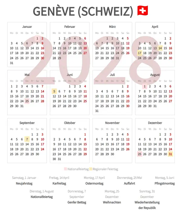 Arbeitskalender 2028, Genève (Schweiz)