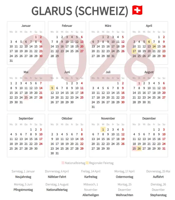 Arbeitskalender 2028, Glarus (Schweiz)