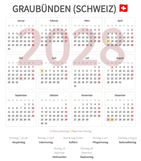 Arbeitskalender 2028, Graubünden (Schweiz)