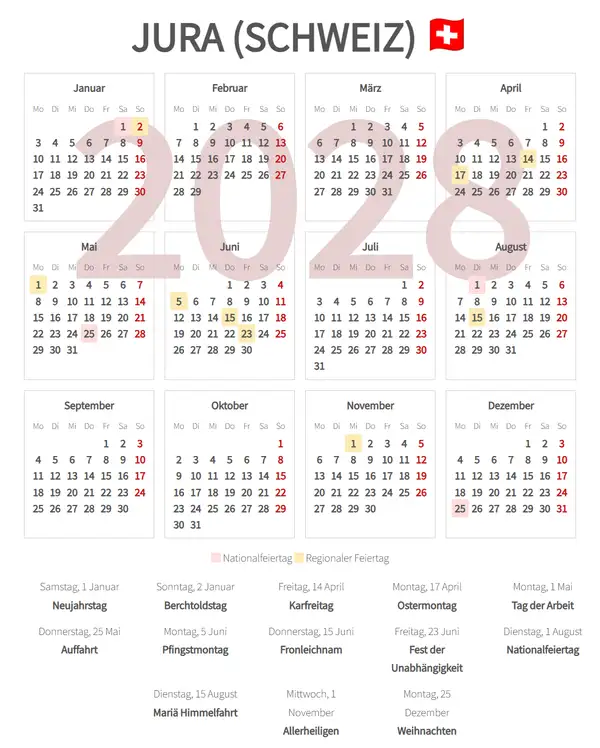 Arbeitskalender 2028, Jura (Schweiz)