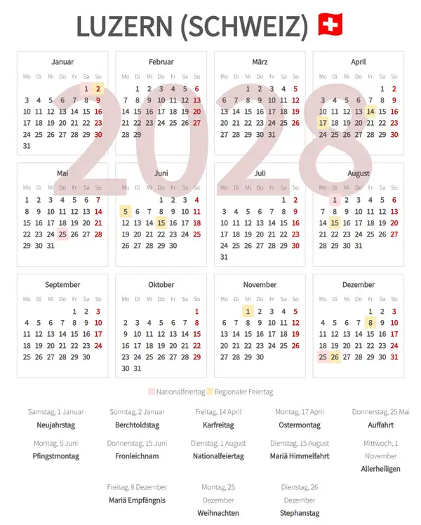 Arbeitskalender 2028, Luzern (Schweiz)