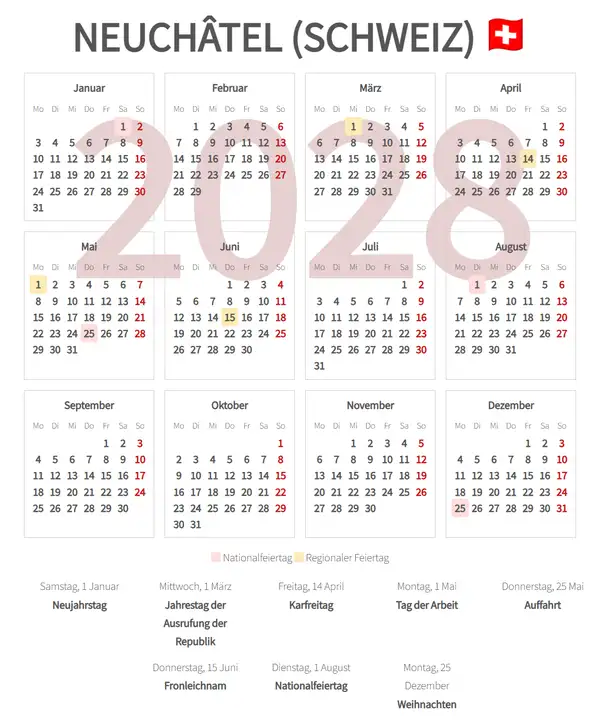 Arbeitskalender 2028, Neuchâtel (Schweiz)