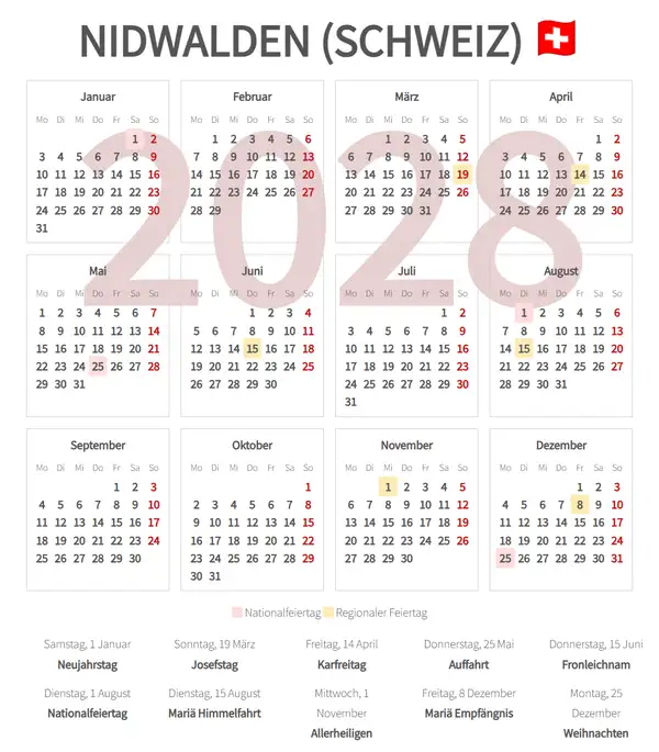 Arbeitskalender 2028, Nidwalden (Schweiz)
