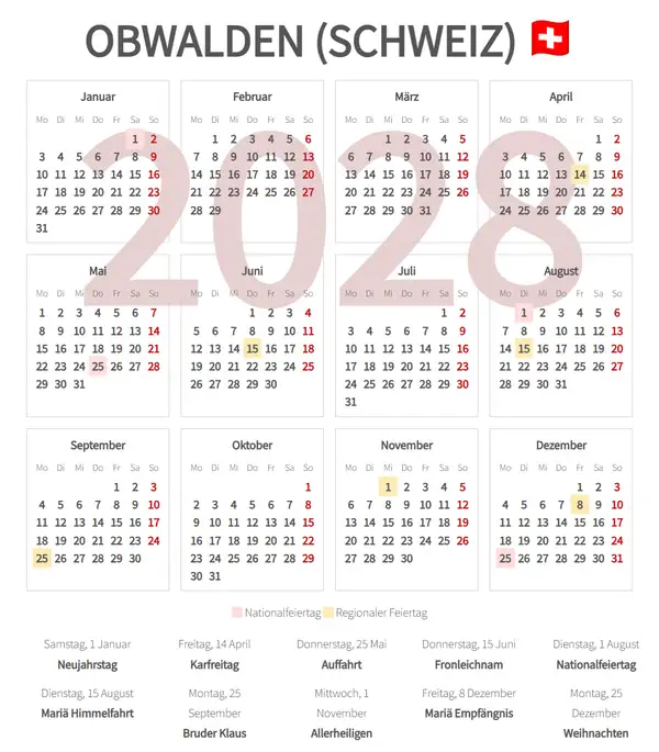 Arbeitskalender 2028, Obwalden (Schweiz)