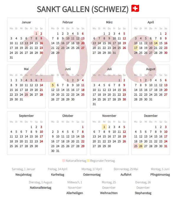 Arbeitskalender 2028, Sankt gallen (Schweiz)