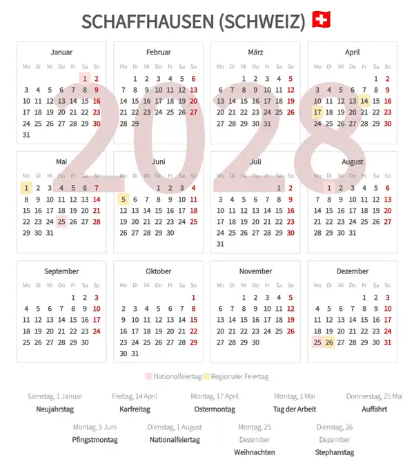 Arbeitskalender 2028, Schaffhausen (Schweiz)