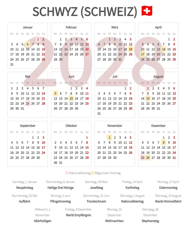 Arbeitskalender 2028, Schwyz (Schweiz)