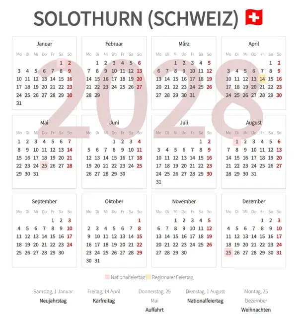 Arbeitskalender 2028, Solothurn (Schweiz)
