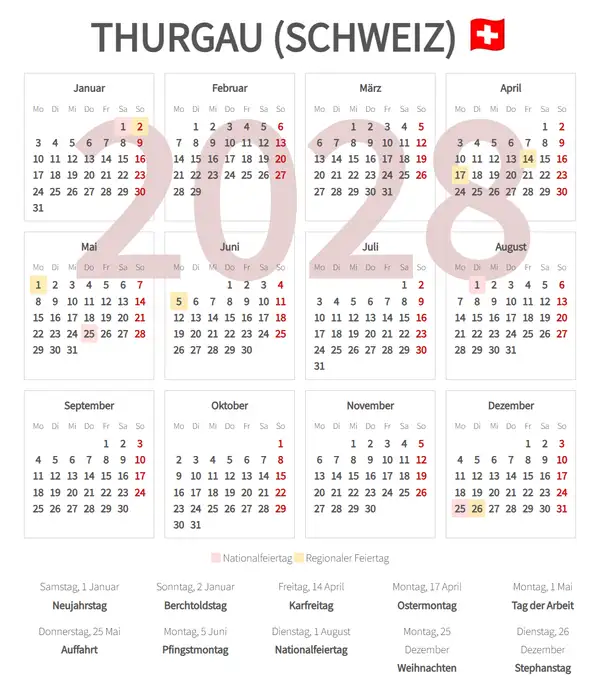 Arbeitskalender 2028, Thurgau (Schweiz)