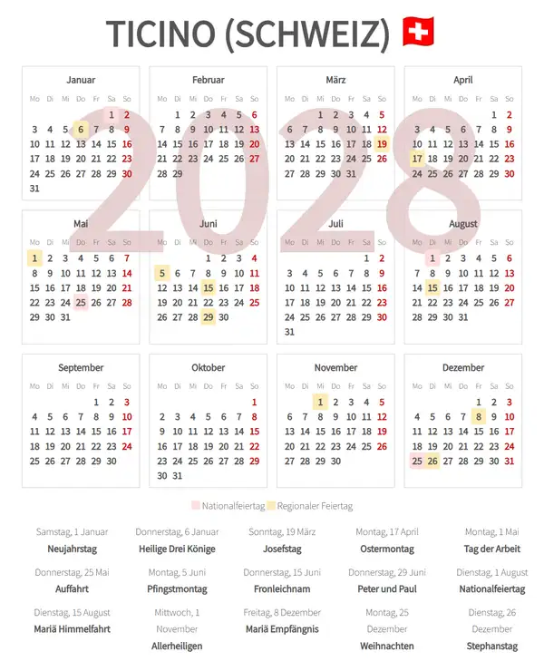 Arbeitskalender 2028, Ticino (Schweiz)