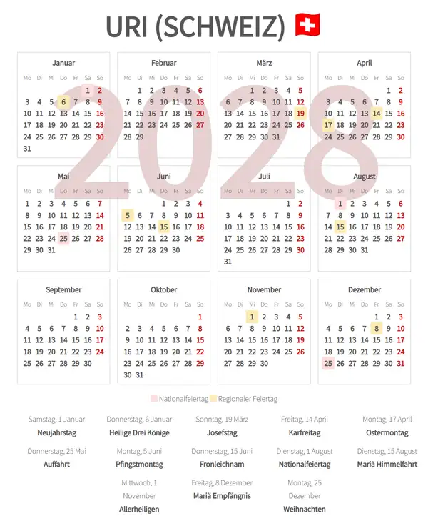 Arbeitskalender 2028, Uri (Schweiz)