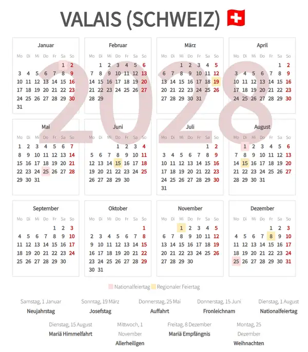 Arbeitskalender 2028, Valais (Schweiz)