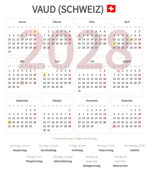 Arbeitskalender 2028, Vaud (Schweiz)