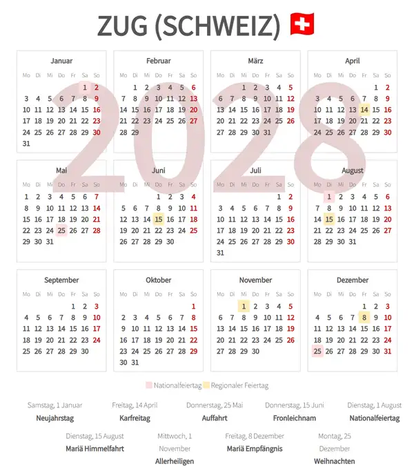 Arbeitskalender 2028, Zug (Schweiz)