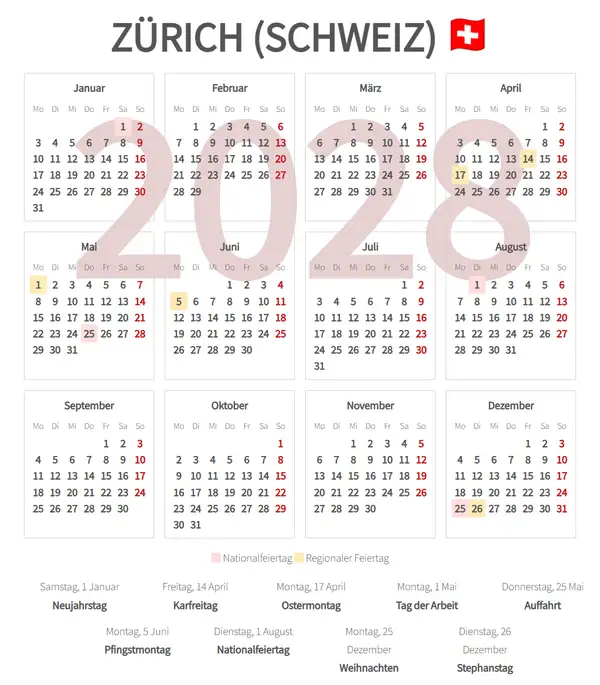 Arbeitskalender 2028, Zürich (Schweiz)