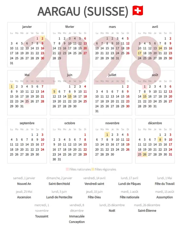 Calendrier de Travail 2028, Aargau (Suisse)