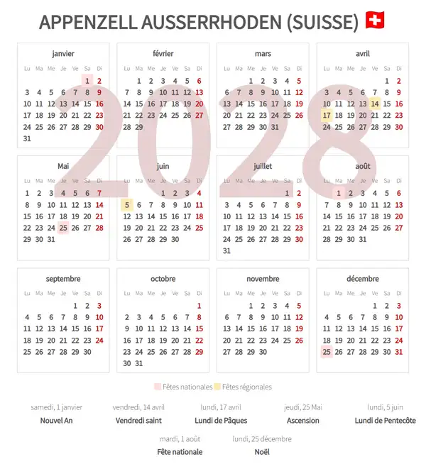 Calendrier de Travail 2028, Appenzell ausserrhoden (Suisse)