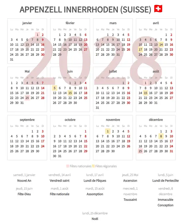 Calendrier de Travail 2028, Appenzell innerrhoden (Suisse)