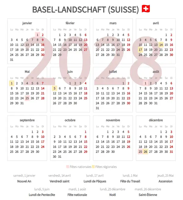 Calendrier de Travail 2028, Basel-landschaft (Suisse)