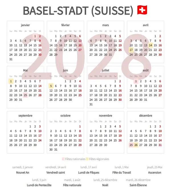 Calendrier de Travail 2028, Basel-stadt (Suisse)