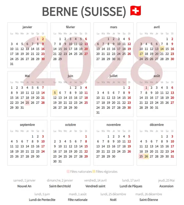 Calendrier de Travail 2028, Berne (Suisse)