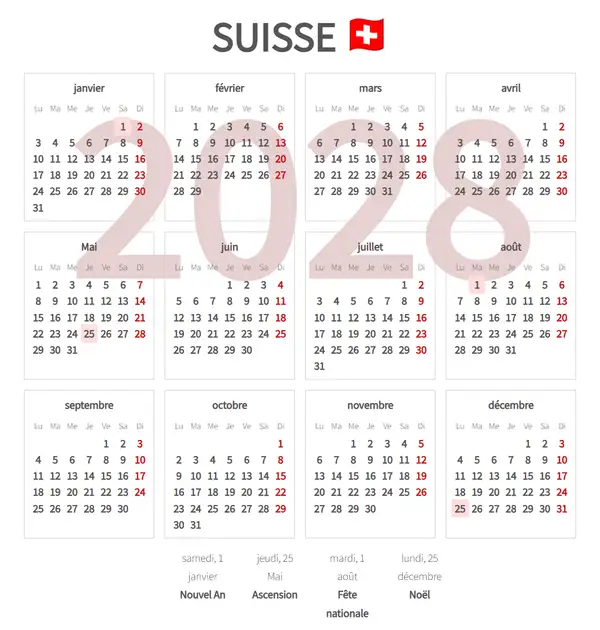 Calendrier de Travail 2028 de Suisse