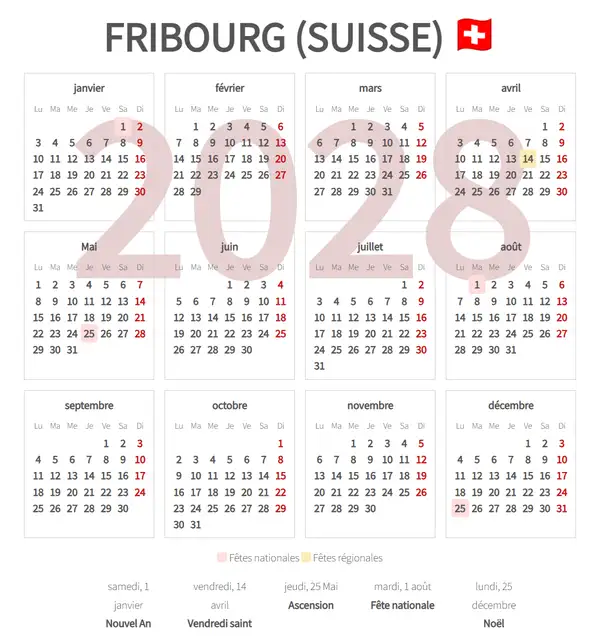 Calendrier de Travail 2028, Fribourg (Suisse)