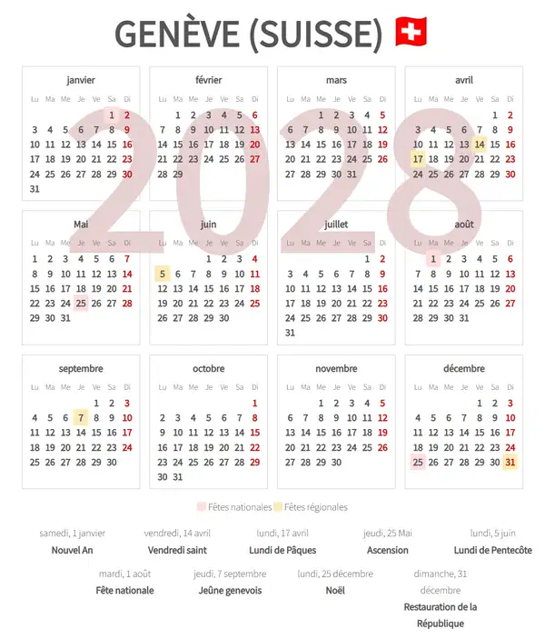 Calendrier de Travail 2028, Genève (Suisse)