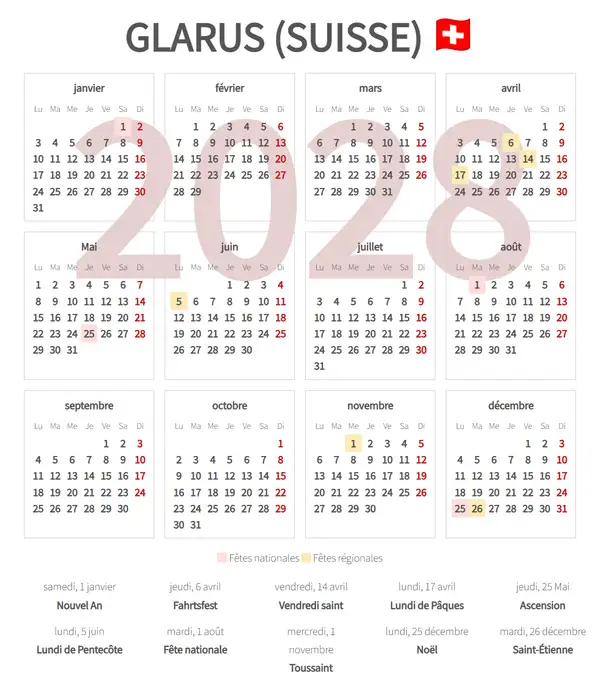 Calendrier de Travail 2028, Glarus (Suisse)