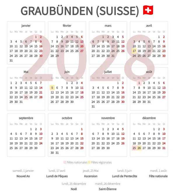 Calendrier de Travail 2028, Graubünden (Suisse)