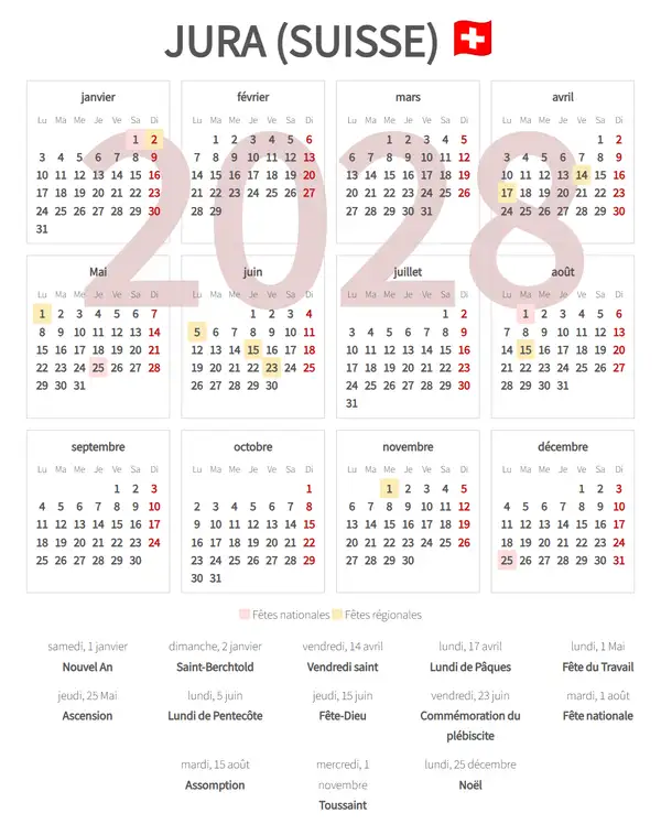 Calendrier de Travail 2028, Jura (Suisse)