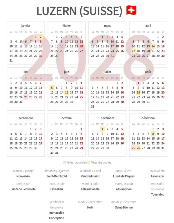 Calendrier de Travail 2028, Luzern (Suisse)