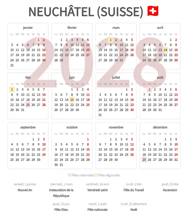 Calendrier de Travail 2028, Neuchâtel (Suisse)