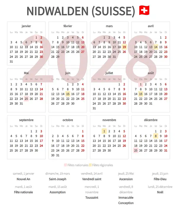 Calendrier de Travail 2028, Nidwalden (Suisse)