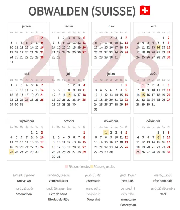 Calendrier de Travail 2028, Obwalden (Suisse)