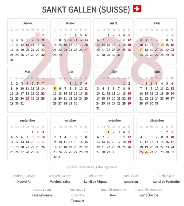 Calendrier de Travail 2028, Sankt gallen (Suisse)