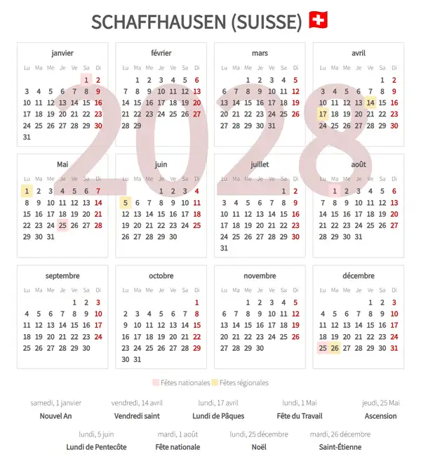 Calendrier de Travail 2028, Schaffhausen (Suisse)
