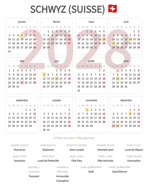 Calendrier de Travail 2028, Schwyz (Suisse)