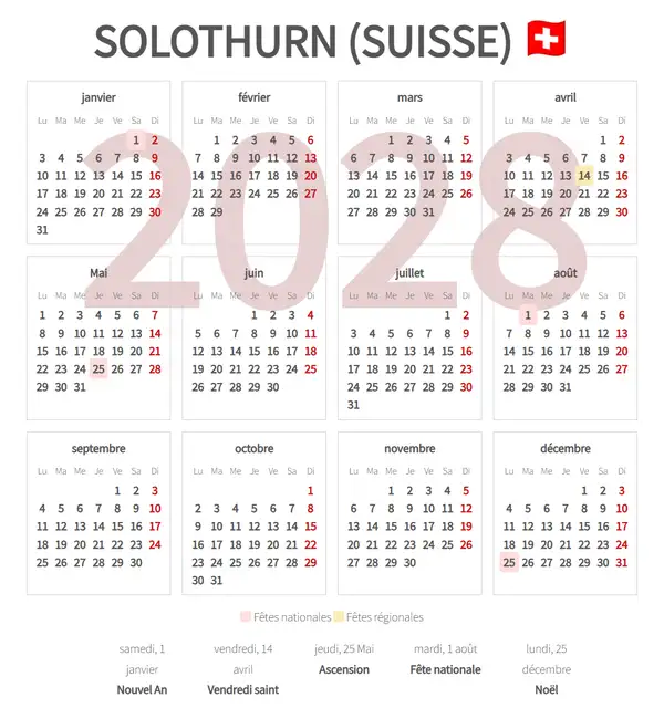 Calendrier de Travail 2028, Solothurn (Suisse)