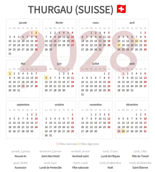 Calendrier de Travail 2028, Thurgau (Suisse)