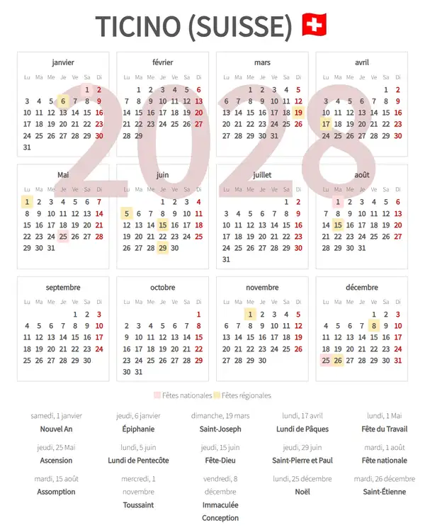 Calendrier de Travail 2028, Ticino (Suisse)