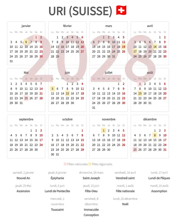 Calendrier de Travail 2028, Uri (Suisse)