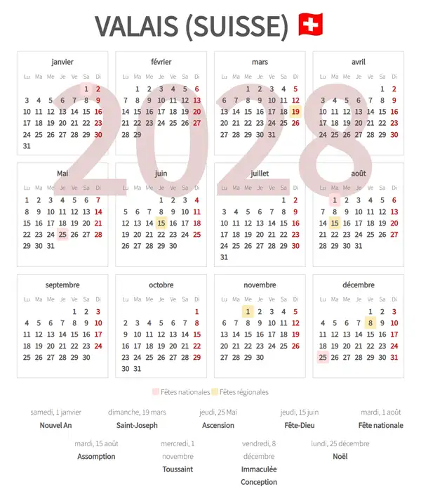 Calendrier de Travail 2028, Valais (Suisse)