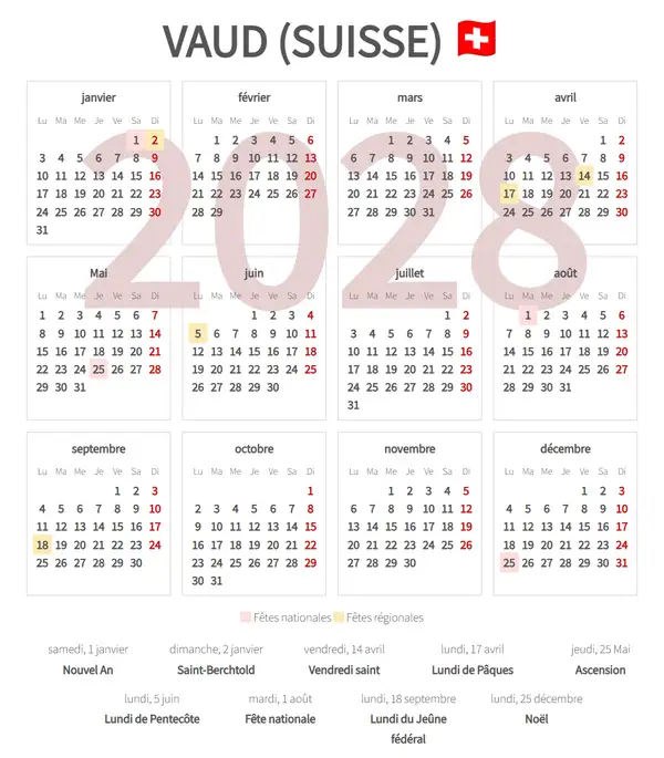Calendrier de Travail 2028, Vaud (Suisse)
