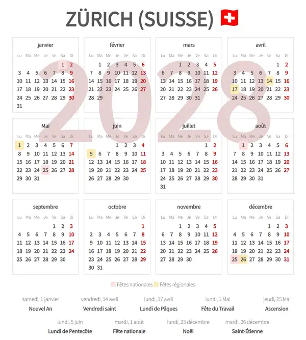 Calendrier de Travail 2028, Zürich (Suisse)