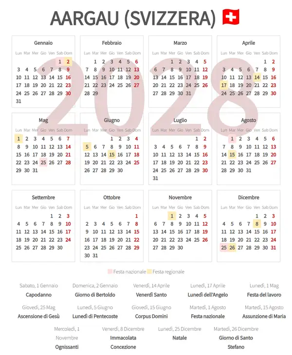 Calendario Lavorativo 2028, Aargau (Svizzera)