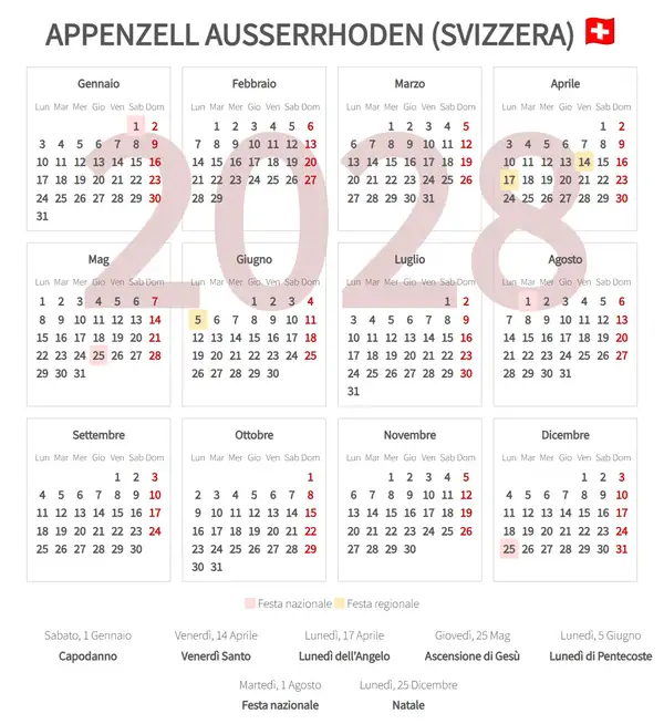 Calendario Lavorativo 2028, Appenzell ausserrhoden (Svizzera)