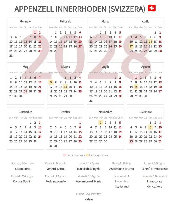Calendario Lavorativo 2028, Appenzell innerrhoden (Svizzera)