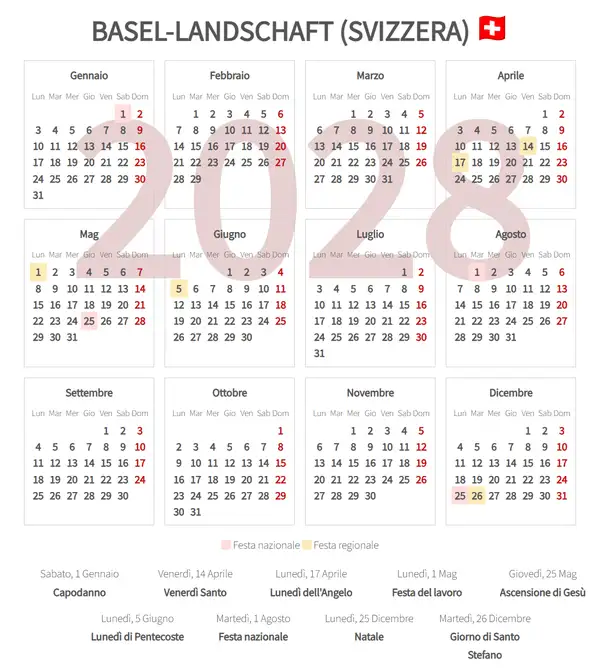 Calendario Lavorativo 2028, Basel-landschaft (Svizzera)